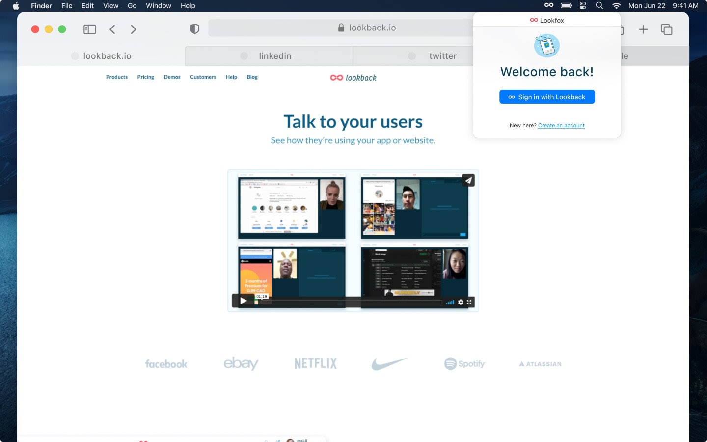 Lookfox sign-in window over the macOS desktop
